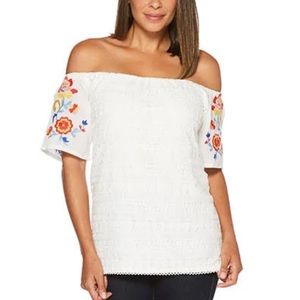 Rafaella Women’s White Pebble Lace Knit Embroidered Short Sleeves Boho Top Sz M